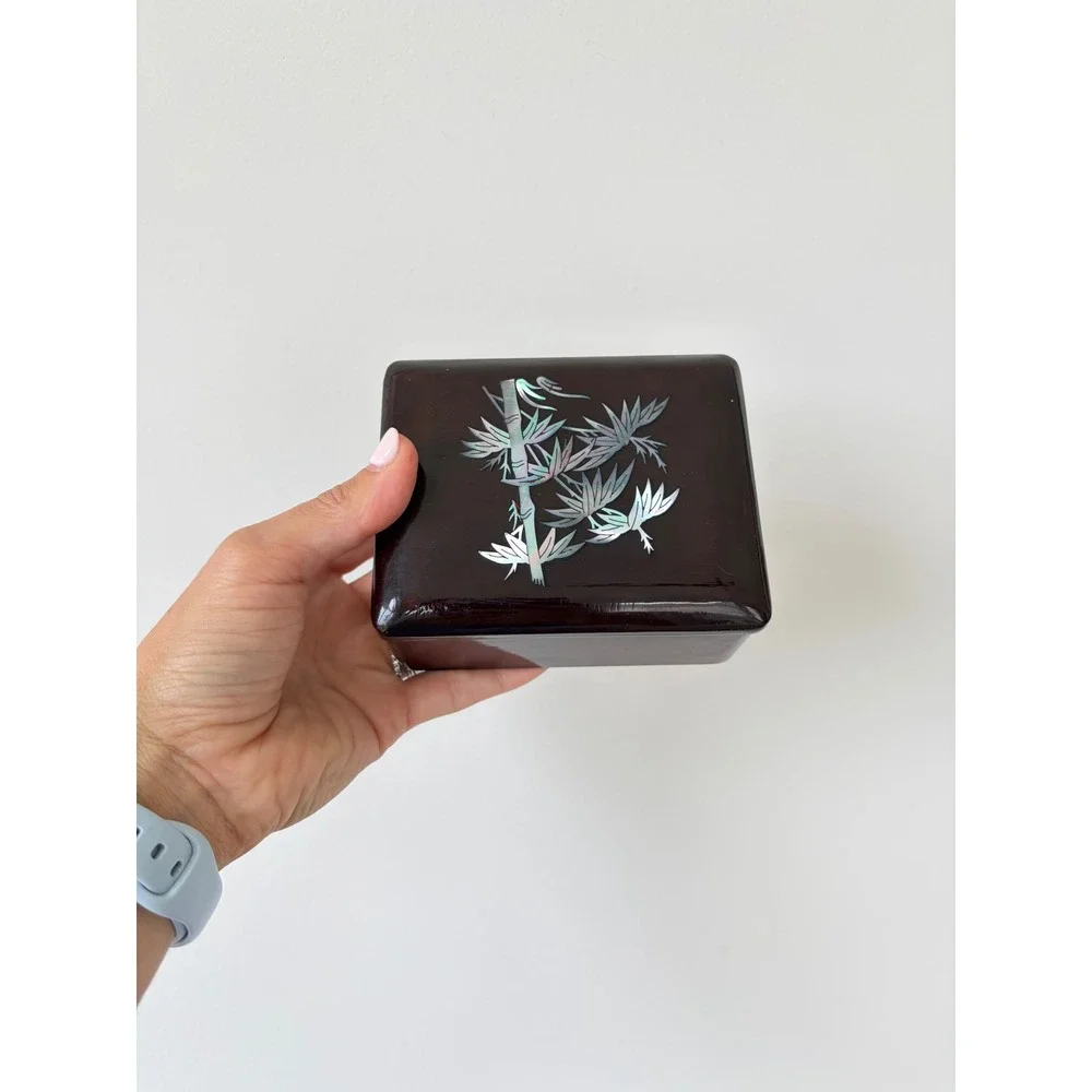 Vintage Japanese Lacquer Trinket Box Mother of Pearl Bamboo Inlay Wood Mahogany